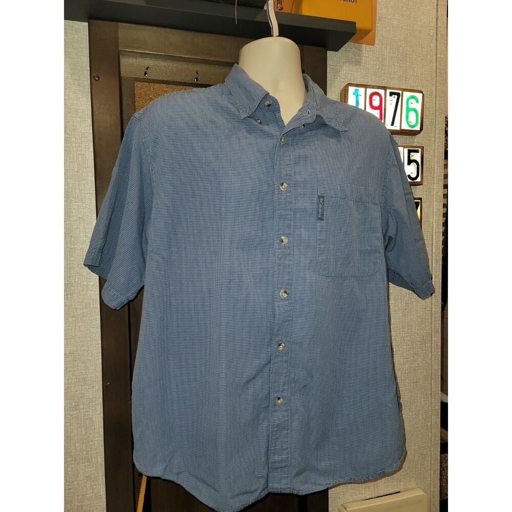 Columbia Mens SZ L‎ button down short sleeve shirt blue gingham casual preppy